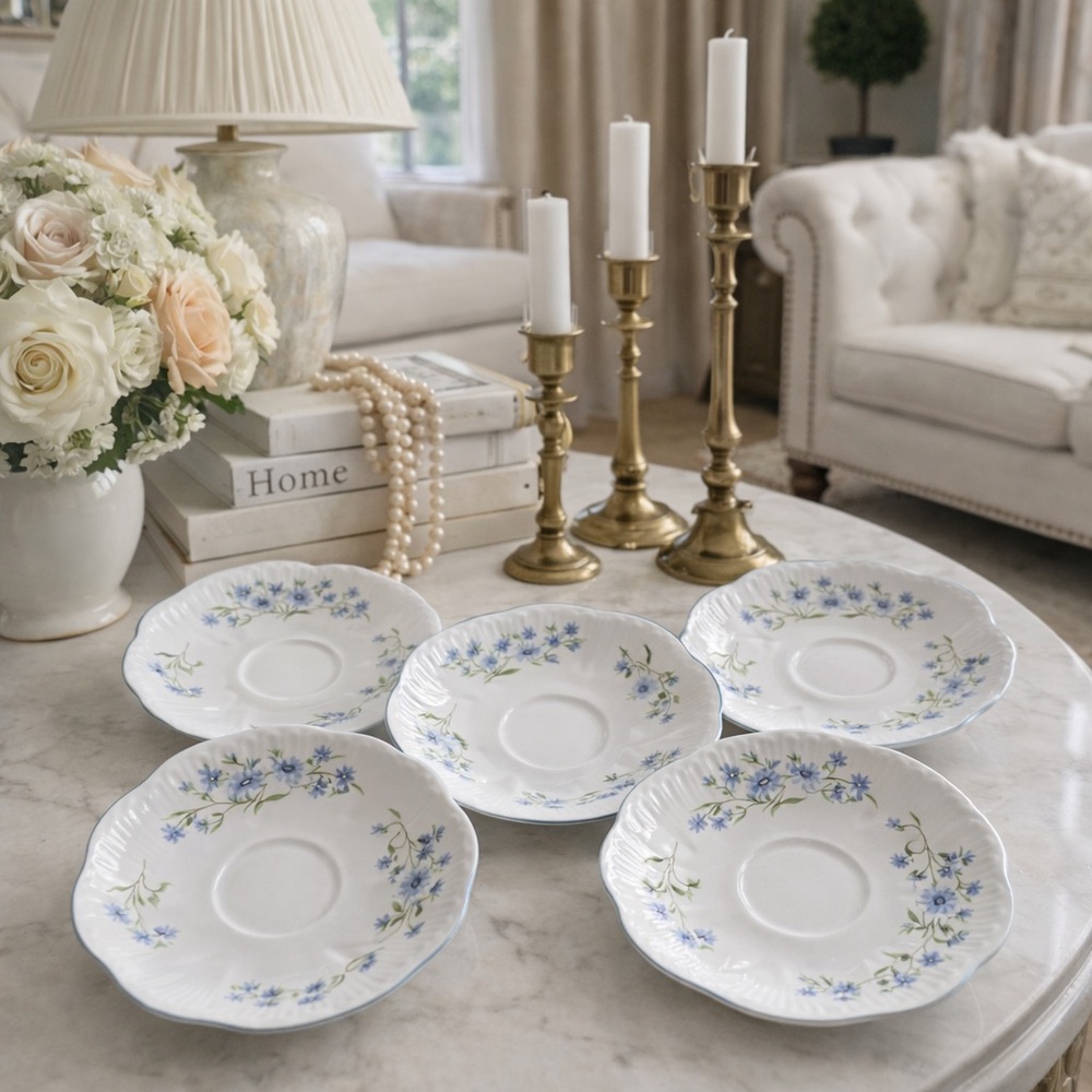 Vintage Shelley England “Blue Rock” (Dainty Shape) Saucers – Set of 5